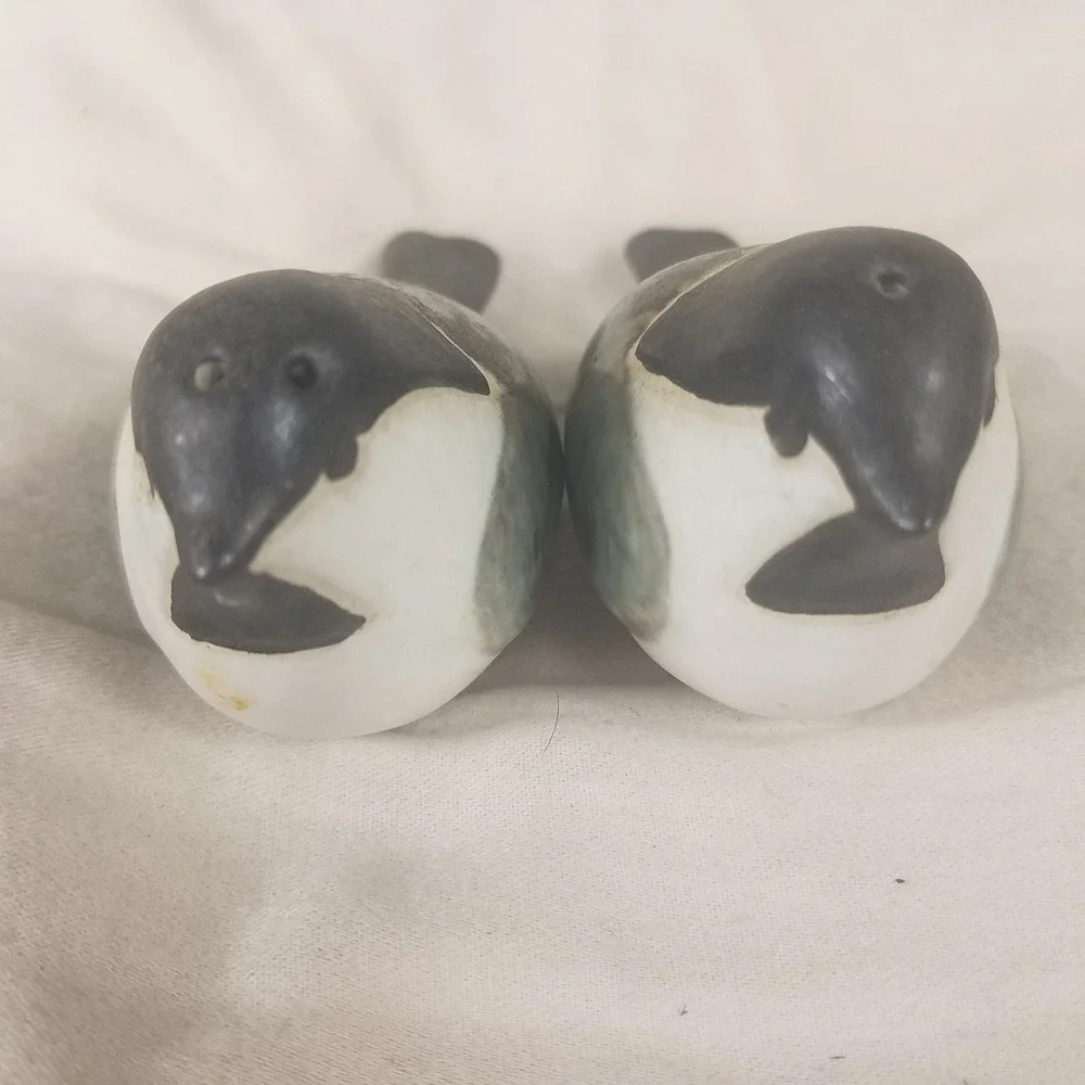 Chickadee Salt and Pepper Shakers Set Grey Green Excellent Ceramic Bird